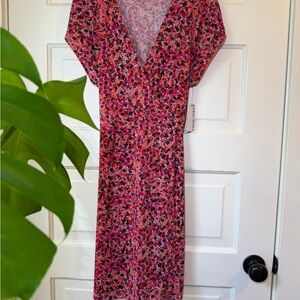 Nine West Pink & Black Floral V-Neck Midi Dress